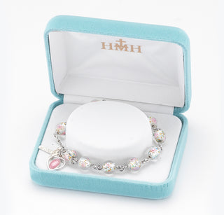 Rose Embedded Round Murano Glass Sterling Silver Rosary Bracelet