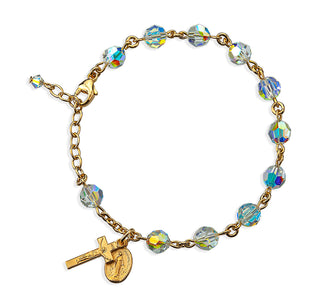 Gold Over Sterling Silver Rosary Bracelet Created with 7mm Aurora Borealis Finest Austrian Crystal Round Beads