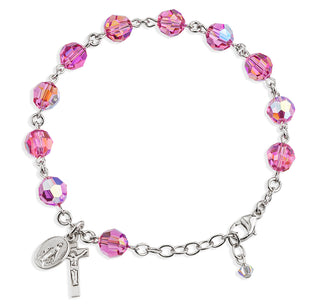 Sterling Silver Rosary Bracelet with 8mm Pink Finest Austrian Crystal Round Beads