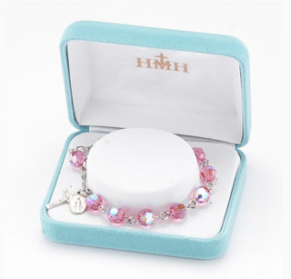 Sterling Silver Rosary Bracelet with 8mm Pink Finest Austrian Crystal Round Beads