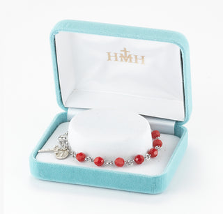 Red Coral Round Faceted Finest Austrian Crystal Bead and Sterling Sacred Hearts