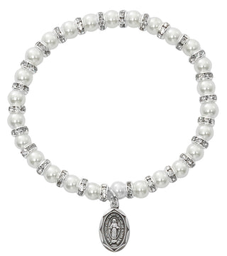 White Baby Stretch Bracelet and Sterling Medal Boxed