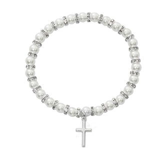 White Baby Stretch Bracelet and Sterling Cross Boxed