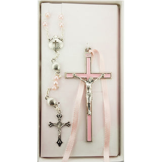 Pink Shell Rosary and Pink Crucifix Set Boxed