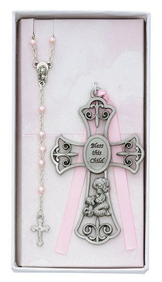 Baby Girl and Puppy Crib Cross and Rosary Boxed