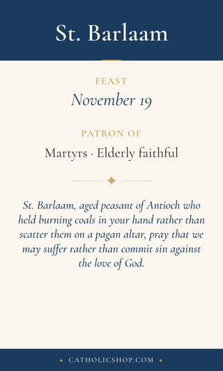 Saint Barlaam holy card  with feast day, patronage, and prayer