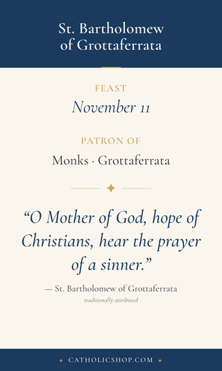 Saint Bartholomew of Grottaferrata holy card  with feast day, patronage, and prayer