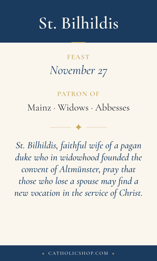 Saint Bilhildis holy card  with feast day, patronage, and prayer