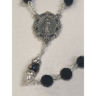 Genuine Crystal Black Bead with Unique Cloisonné Rondelle Our Father Bead with Faux Pearl and Mini Crystals