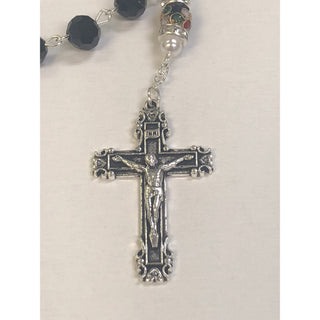 Genuine Crystal Black Bead with Unique Cloisonné Rondelle Our Father Bead with Faux Pearl and Mini Crystals