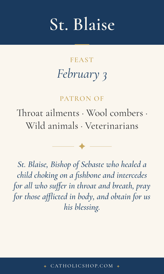 Saint Blaise holy card  with feast day, patronage, and prayer