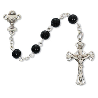Sterling Silver 6MM Black Glass Communion Rosary - SALE