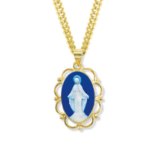 Gold Over Sterling Silver Genuine Cameo Miraculous Medal, Fancy Edge Oval, 24-inch Chain