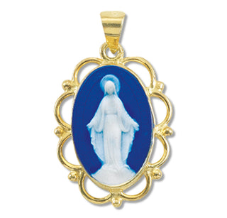 Gold Over Sterling Silver Genuine Cameo Miraculous Medal, Fancy Edge Oval, 24-inch Chain