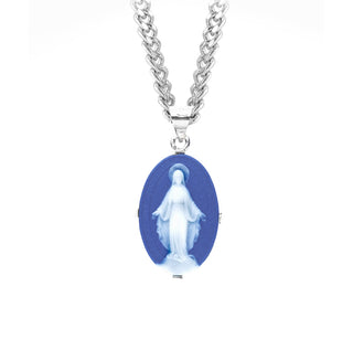 Genuine Blue Cameo Miraculous Medal, Oval, 24-inch Chain