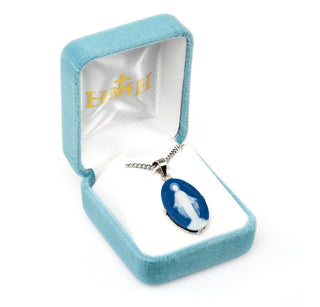 Genuine Blue Cameo Miraculous Medal, Oval, 24-inch Chain