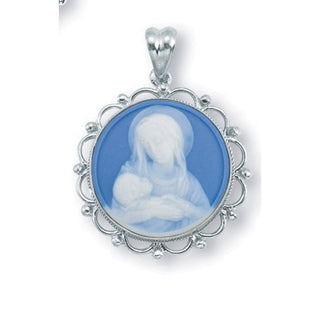 1 3/16-inch Sterling Silver Light Blue Madonna and Child Cameo with 24-inch Chain - SALE