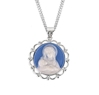 Sterling Silver Genuine Cameo Mother & Child Medal, Round, 18-inch Chain