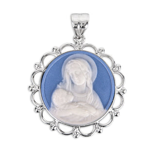 Sterling Silver Genuine Cameo Mother & Child Medal, Round, 18-inch Chain