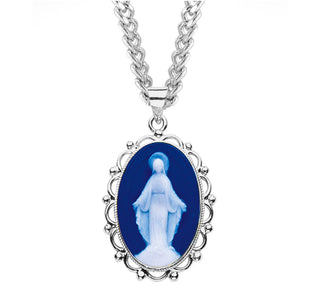 Sterling Silver Genuine Cameo Miraculous Medal, Fancy Edge Oval, 18-inch Chain