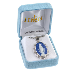 Sterling Silver Genuine Cameo Miraculous Medal, Fancy Edge Oval, 18-inch Chain