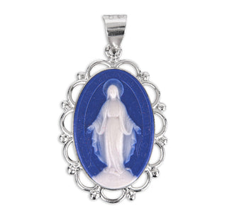 Sterling Silver Genuine Cameo Miraculous Medal, Fancy Edge Oval, 18-inch Chain