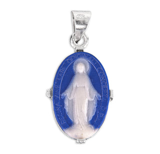 Sterling Silver 1-inch Genuine Blue Porcelain Miraculous Medal Cameo, 18-inch Chain