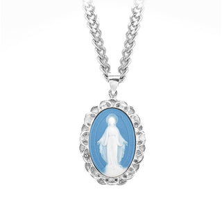 Light Blue Cameo Miraculous Medal with Sterling Silver Weaved Filigree Frame, 1-3/4-inch on 24-inch Chain