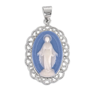 Light Blue Cameo Miraculous Medal with Sterling Silver Weaved Filigree Frame, 1-3/4-inch on 24-inch Chain