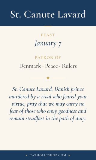Saint Canute Lavard holy card  with feast day, patronage, and prayer