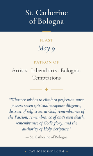 Saint Catherine of Bologna holy card  with feast day, patronage, and prayer