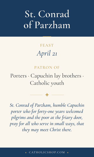 Saint Conrad of Parzham holy card  with feast day, patronage, and prayer