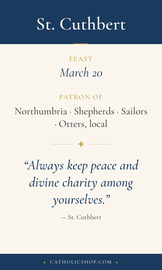 Saint Cuthbert holy card  with feast day, patronage, and prayer
