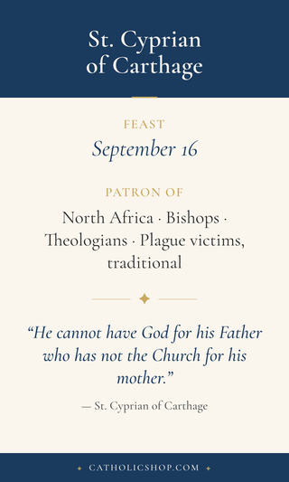 Saint Cyprian of Carthage holy card  with feast day, patronage, and prayer