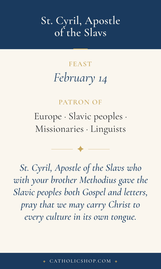 Saint Cyril, Apostle of the Slavs holy card  with feast day, patronage, and prayer