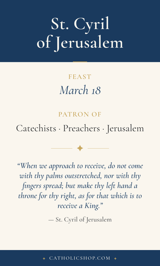 Saint Cyril of Jerusalem holy card  with feast day, patronage, and prayer