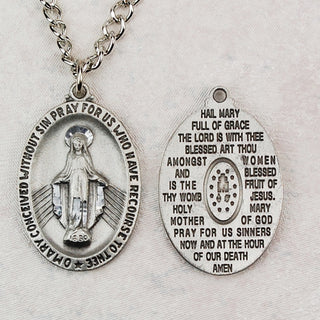 Pewter Miraculous Hail Mary Medal with 24-inch Chain
