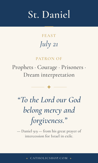 Saint Daniel holy card  with feast day, patronage, and prayer