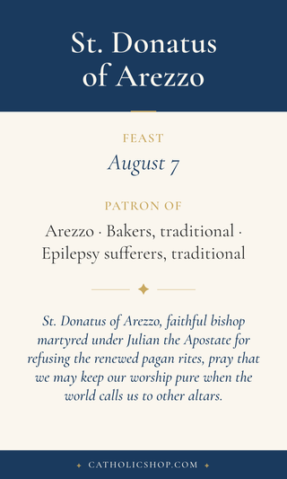 Saint Donatus of Arezzo holy card  with feast day, patronage, and prayer