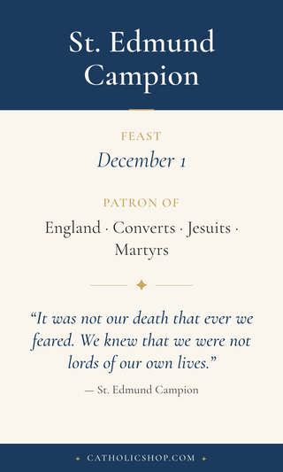 Saint Edmund Campion holy card  with feast day, patronage, and prayer