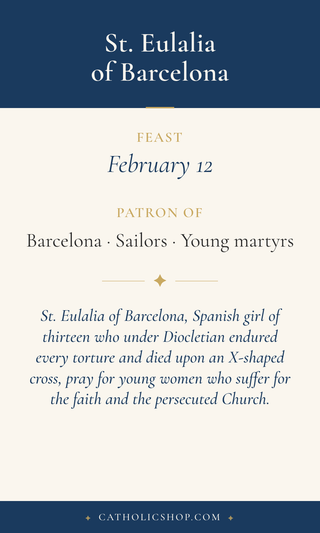Saint Eulalia of Barcelona holy card  with feast day, patronage, and prayer