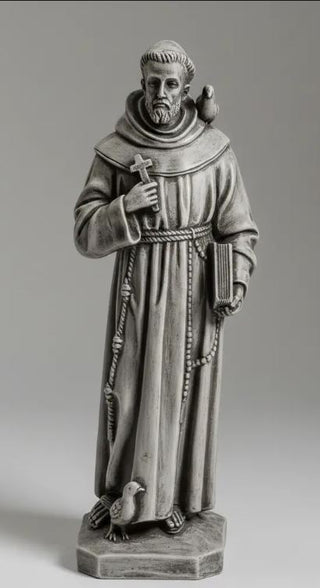 Statue of Saint Francis of Assisi standing with birds gathered near him — detail view