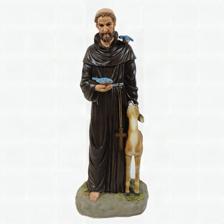 Hand-painted fiberglass resin statue of Saint Francis of Assisi with a deer beside him