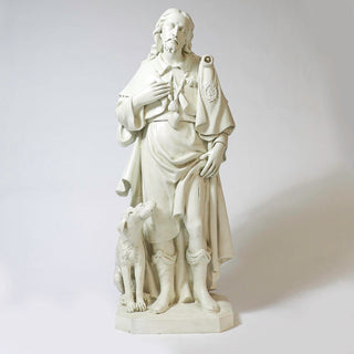 Hand-painted fiberglass statue of Saint Roch as a pilgrim with staff and dog, 48 inches tall — detail view