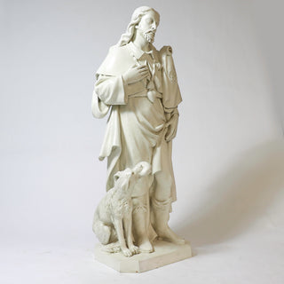 Hand-painted fiberglass statue of Saint Roch as a pilgrim with staff and dog, 48 inches tall