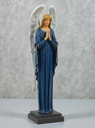 Hand-painted fiberglass resin statue of a somber angel in a reflective standing pose. — alternate view