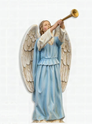 Hand-painted fiberglass resin statue of an angel floating horizontally while holding a horn.