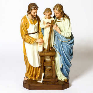 Hand-painted statue of the Holy Family, Joseph, Mary, and the infant Jesus, in realistic color — alternate view