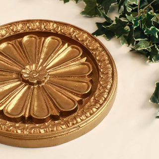 Round 15 inch fiberglass resin wall medallion with raised relief detail. — detail view