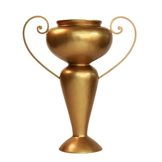 Large urn planter with iron side handles, fiberglass resin, shown in an outdoor setting — alternate view